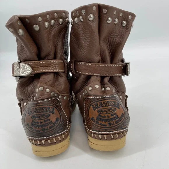 Hector Riccione Made in Italy Leather Studded Buckle Western Boots Brown Size 7 - Picture 3 of 9
